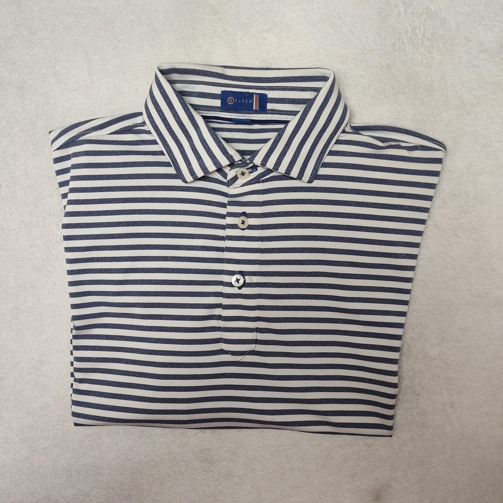 Stitch Polo Shirt Mens M/L Blue Striped Golf Damon Performance Stretch Collared